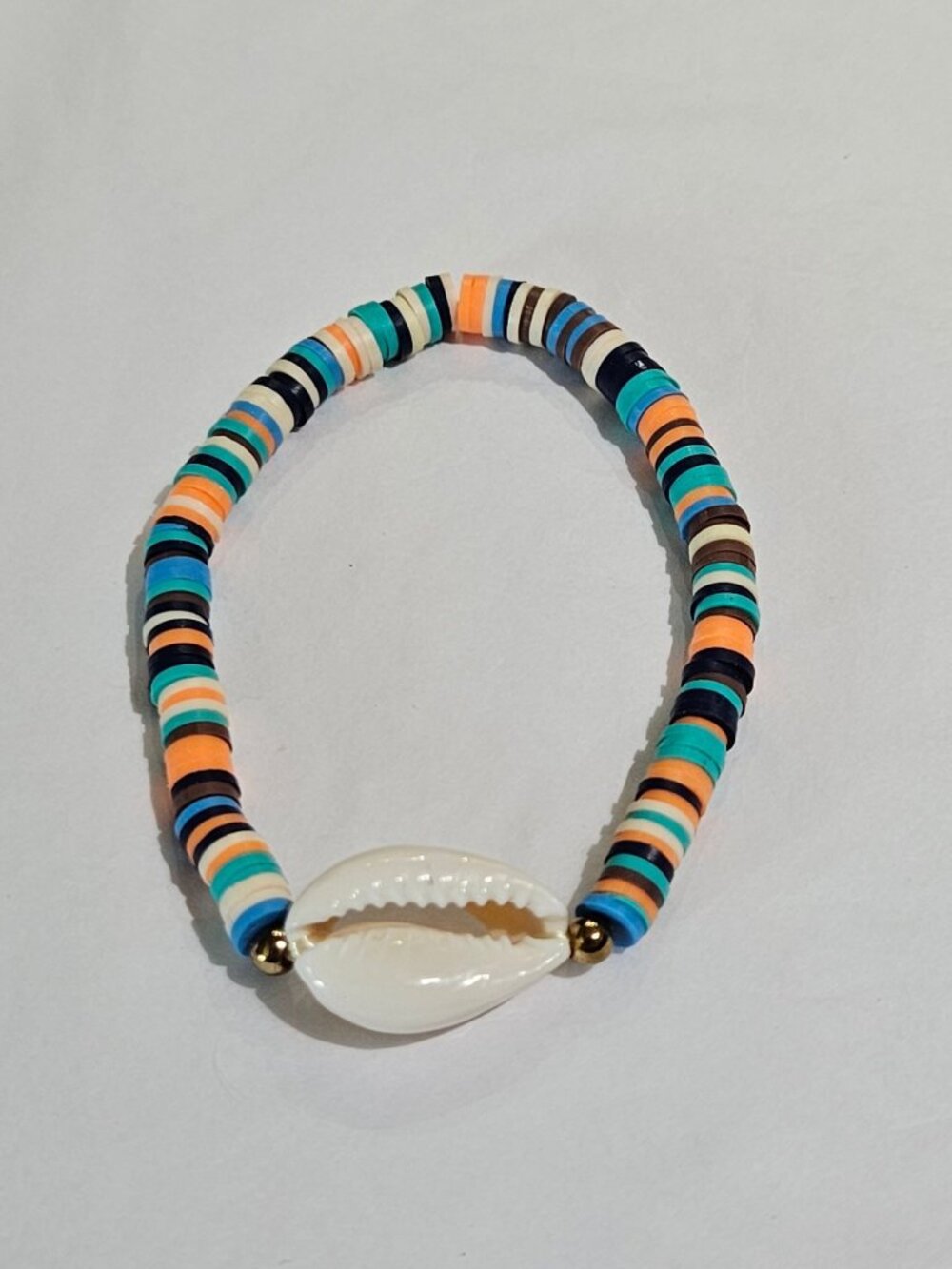 Multicolor Polymer Clay Heishi Beaded Stretchy Bracelet Cowrie Shell